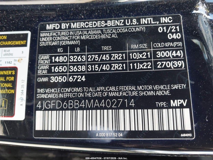 2021 Mercedes-benz Amg gle coupe VIN 4JGFD6BB4MA402714 IAAI salvage auction — REAR END, Salvage (California), sold $34,750 on 2026-07-20 (photo 9)