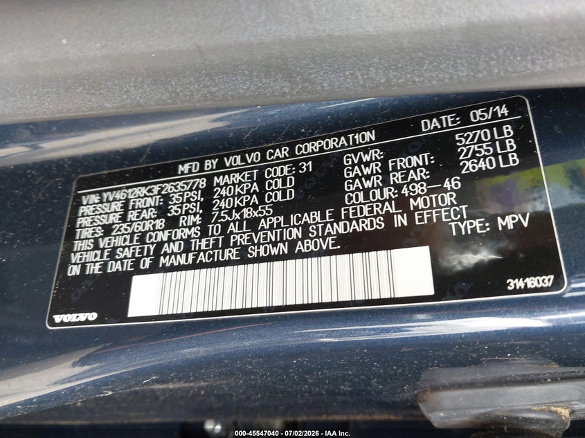 2015 Volvo Xc60 VIN YV4612RK3F2635778 IAAI salvage auction — NORMAL WEAR, Clear (Washington), sold $2,875 on 2026-07-15 (photo 9)
