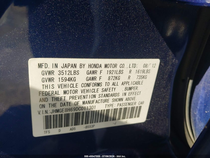 2013 Honda Fit VIN JHMGE8H69DC011301 IAAI salvage auction — RIGHT FRONT, Salvage (California), sold $825 on 2026-07-28 (photo 9)
