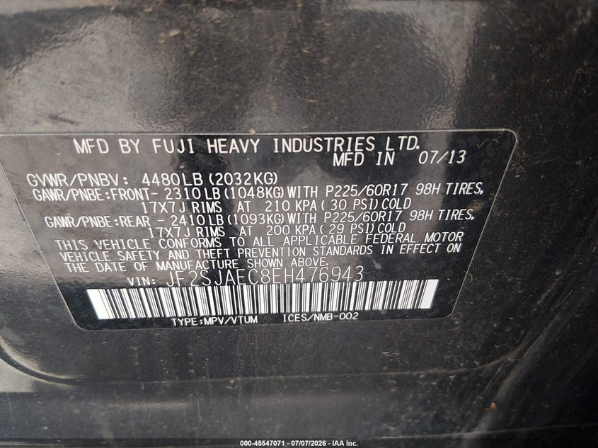 2014 Subaru Forester VIN JF2SJAEC8EH476943 IAAI salvage auction — NORMAL WEAR, Clear (Illinois), sold $425 on 2026-07-17 (photo 9)