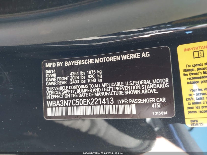 2014 BMW 4er VIN WBA3N7C50EK221413 IAAI salvage auction — LEFT FRONT, Salvage Certificate (California), sold $3,600 on 2026-07-15 (photo 9)