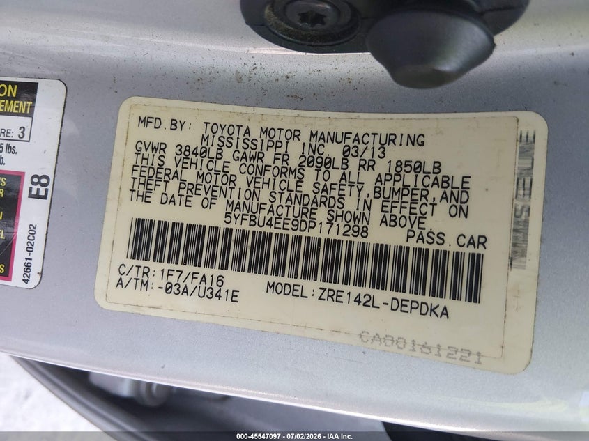 2013 Toyota Corolla VIN 5YFBU4EE9DP171298 IAAI salvage auction — NORMAL WEAR, Clear (Georgia), sold $1,550 on 2026-07-24 (photo 9)