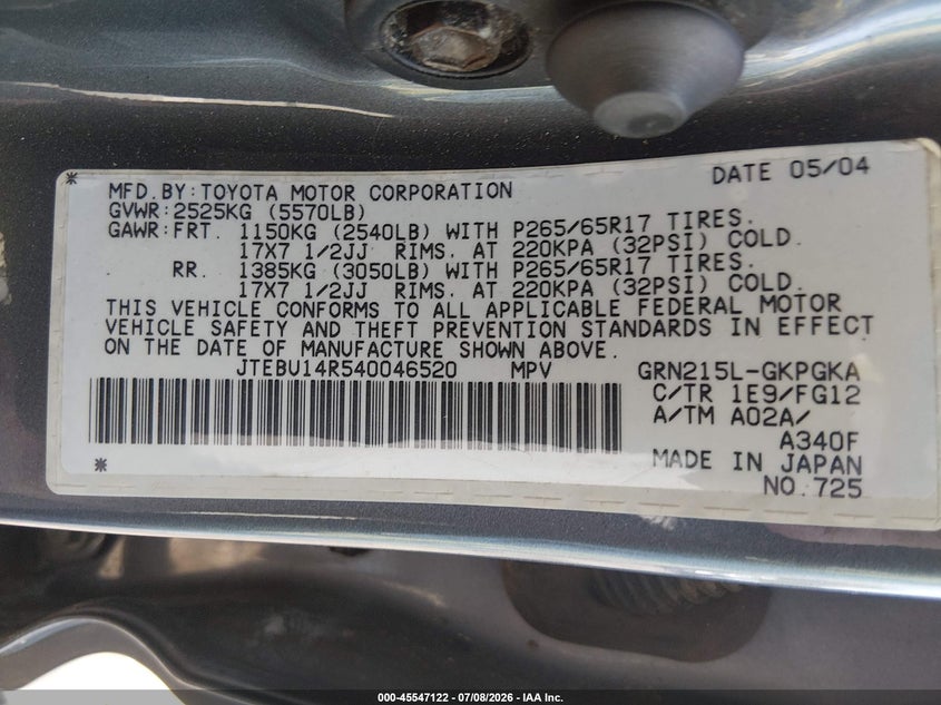 2004 Toyota 4runner VIN JTEBU14R540046520 IAAI salvage auction — NORMAL WEAR, Clear (Rhode Island), sold $2,125 on 2026-07-28 (photo 9)