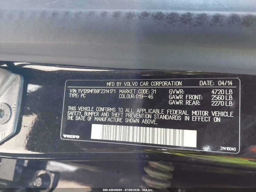 2015 Volvo S60 VIN YV126MFB8F2314171 IAAI salvage auction — NORMAL WEAR, Salvage Title, sold $1,150 on 2026-08-10 (photo 9)