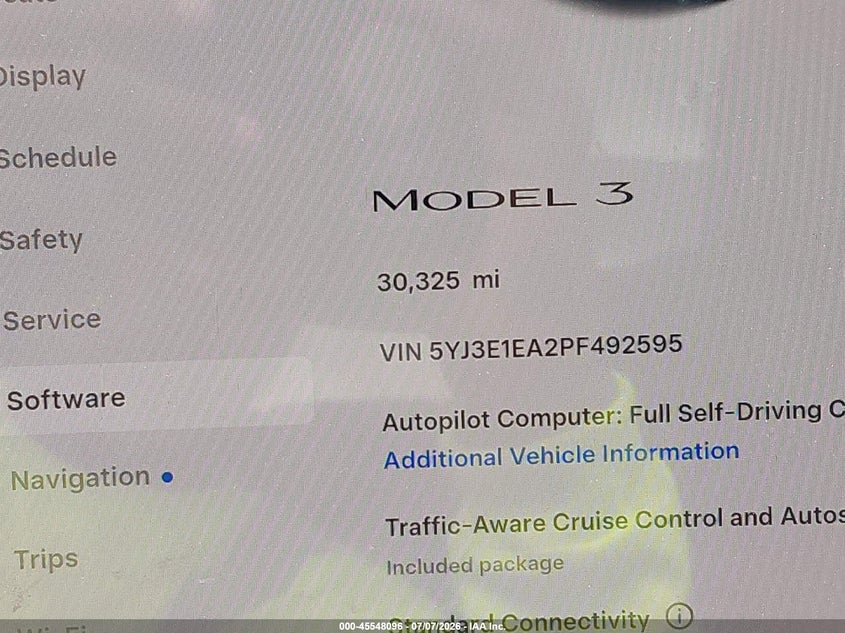 2023 Tesla Model 3 VIN 5YJ3E1EA2PF492595 IAAI salvage auction — FRONT END, Original (Texas), sold $7,600 on 2026-08-28 (photo 7)
