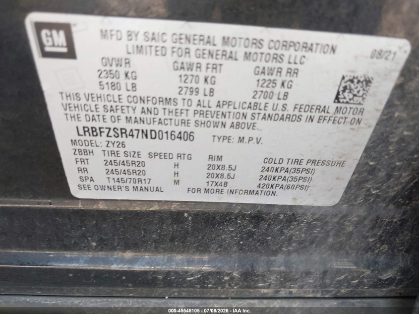 2022 Buick Envision VIN LRBFZSR47ND016406 IAAI salvage auction — REAR END, Wait Title, sold $7,075 on 2026-08-19 (photo 9)