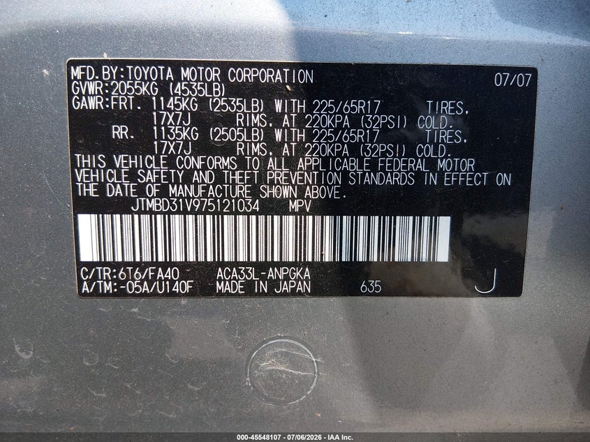 2007 Toyota Rav4 VIN JTMBD31V975121034 IAAI salvage auction — FRONT END, Salvage (North Carolina), sold $1,350 on 2026-07-17 (photo 9)