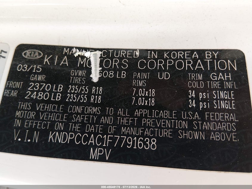 2015 Kia Sportage VIN KNDPCCAC1F7791638 IAAI salvage auction — REAR END, Clear (Virginia), sold $2,000 on 2026-07-30 (photo 9)