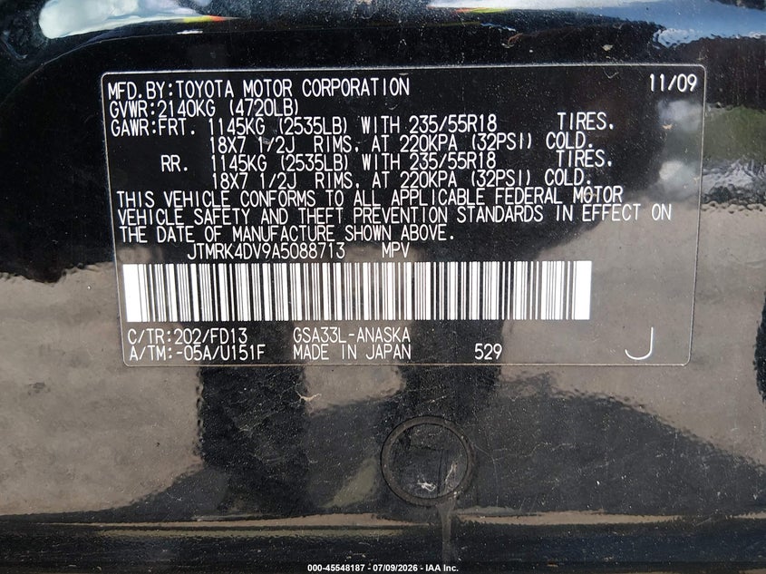 2010 Toyota Rav 4 VIN JTMRK4DV9A5088713 IAAI salvage auction — FRONT END, Clear (Massachusetts), sold $625 on 2026-07-29 (photo 9)