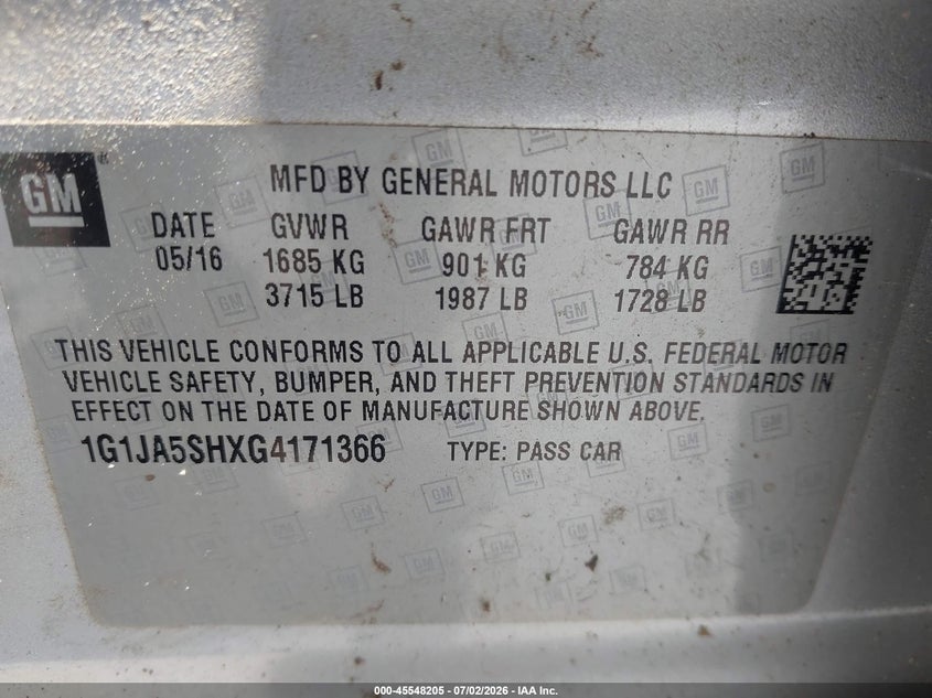 2016 Chevrolet SONIC VIN 1G1JA5SHXG4171366 IAAI salvage auction — NORMAL WEAR, Clear (Georgia), sold $375 on 2026-07-22 (photo 9)