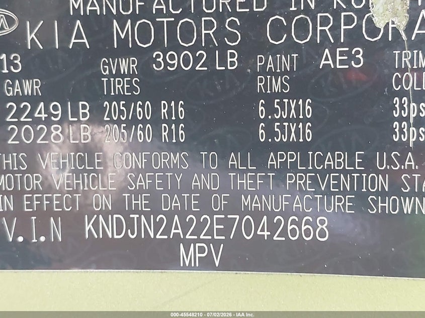 2014 Kia Soul VIN KNDJN2A22E7042668 IAAI salvage auction — NORMAL WEAR, Clear (Maryland), sold $675 on 2026-07-21 (photo 9)
