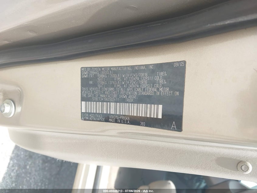 2006 Toyota Tundra VIN 5TBET34196S502411 IAAI salvage auction — RIGHT FRONT, Rebuildable (Florida), sold $75 on 2026-07-30 (photo 9)