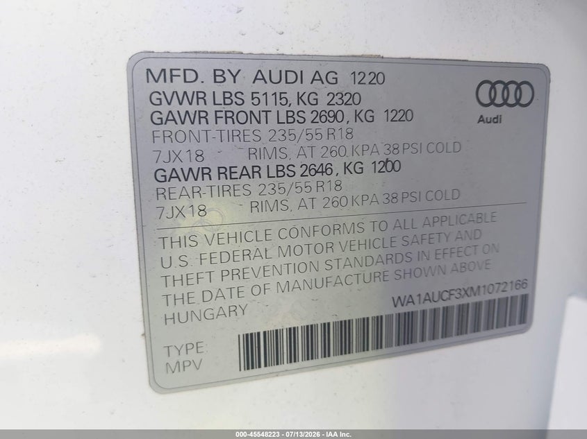 2021 Audi Q3 VIN WA1AUCF3XM1072166 IAAI salvage auction — FRONT END, Rebuildable (Florida), sold $1,050 on 2026-07-30 (photo 9)