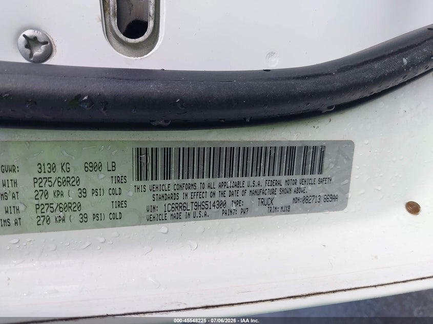 2017 Ram 1500 VIN 1C6RR6LT9HS514300 IAAI salvage auction — FRONT END, Salvage (Louisiana), sold $4,225 on 2026-08-26 (photo 9)