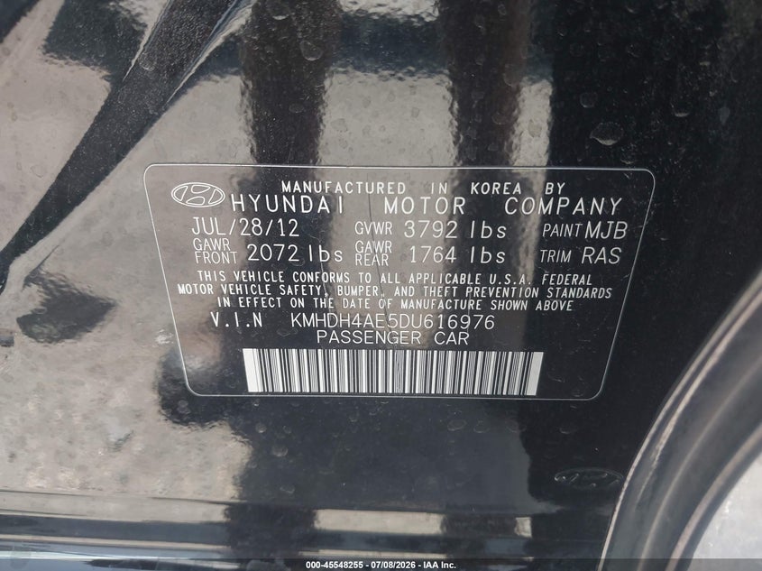 2013 Hyundai Elantra VIN KMHDH4AE5DU616976 IAAI salvage auction — NORMAL WEAR, Clear (Florida), sold $1,650 on 2026-07-14 (photo 9)