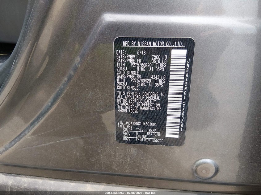 2018 Nissan Armada VIN JN8AY2NC1JX503061 IAAI salvage auction — REAR END, Salvage Title, sold $7,200 on 2026-07-22 (photo 9)