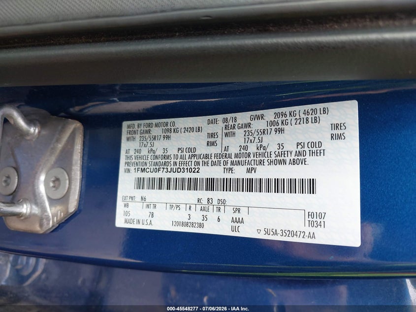 2018 Ford Escape VIN 1FMCU0F73JUD31022 IAAI salvage auction — NORMAL WEAR, SF97 (Virginia), sold $7,350 on 2026-07-22 (photo 9)