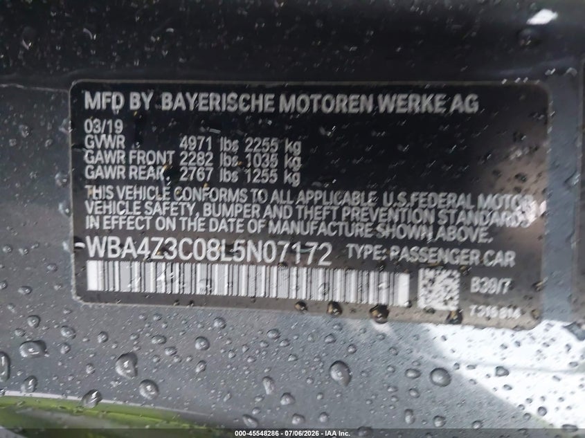 2020 BMW 4er VIN WBA4Z3C08L5N07172 IAAI salvage auction — WATER/FLOOD, Salvage Title, sold $7,300 on 2026-07-29 (photo 9)