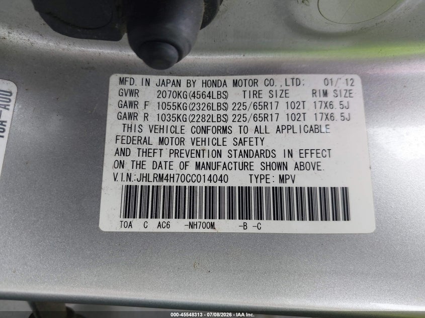 2012 Honda Cr-v VIN JHLRM4H70CC014040 IAAI salvage auction — FRONT END, Clear (Virginia), sold $2,550 on 2026-07-28 (photo 9)