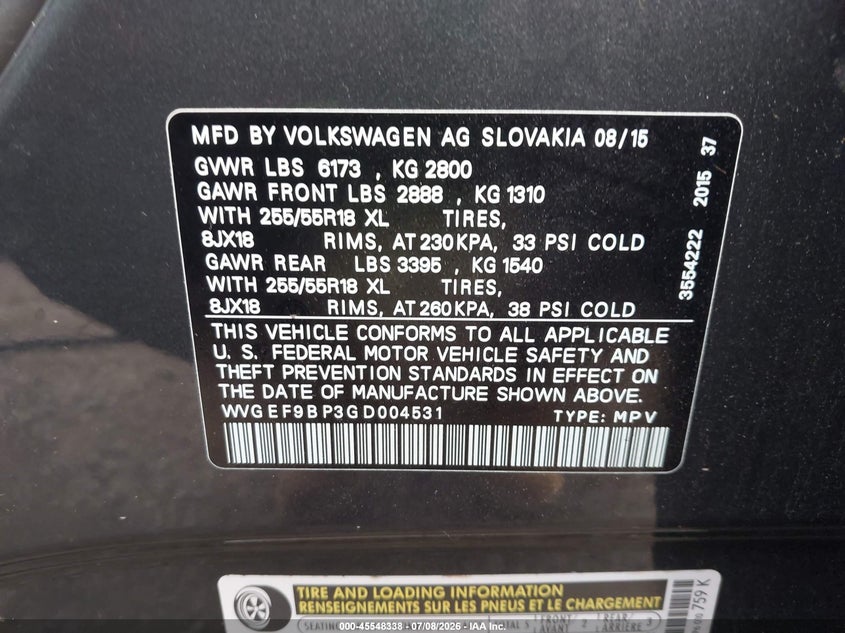 2016 Volkswagen Touareg VIN WVGEF9BP3GD004531 IAAI salvage auction — REAR END, Rebuildable (Florida), sold $825 on 2026-08-06 (photo 9)