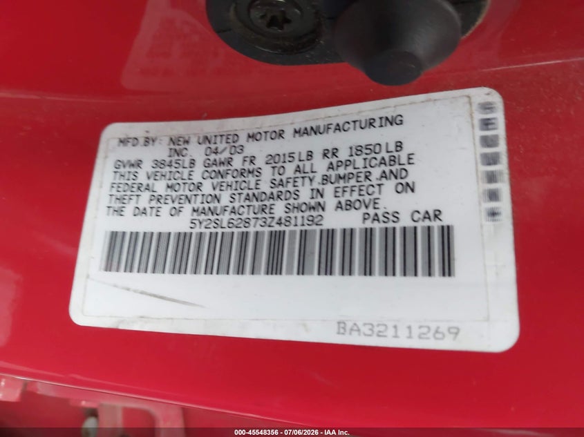 2003 Pontiac Vibe VIN 5Y2SL62873Z481192 IAAI salvage auction — FRONT END, Salvage (Pennsylvania), sold $450 on 2026-07-28 (photo 9)