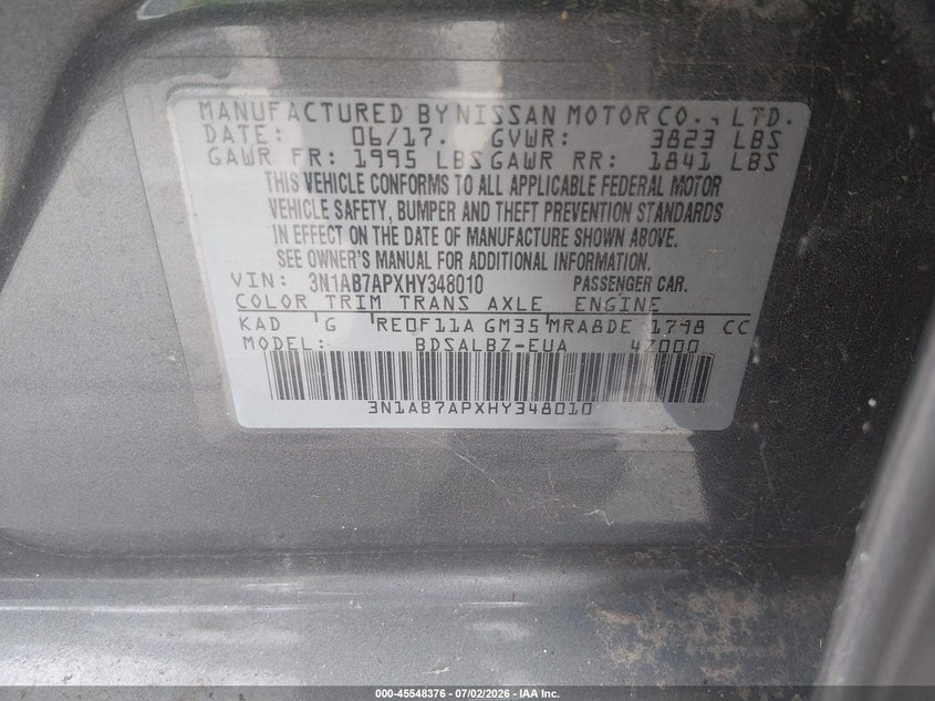 2017 Nissan Sentra VIN 3N1AB7APXHY348010 IAAI salvage auction — NORMAL WEAR, Salvage Title, sold $525 on 2026-07-24 (photo 9)