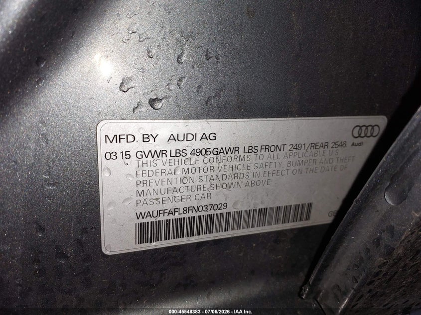 2015 Audi A4 VIN WAUFFAFL8FN037029 IAAI salvage auction — LEFT SIDE, Salvage (Pennsylvania), sold $25 on 2026-08-02 (photo 9)