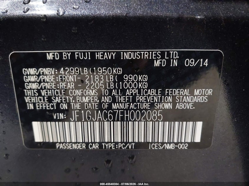 2015 Subaru Impreza VIN JF1GJAC67FH002085 IAAI salvage auction — FRONT END, Mv-907A (New York), sold $425 on 2026-07-29 (photo 9)