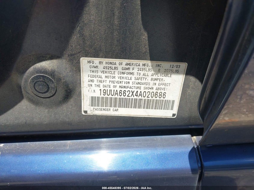 2004 Acura Tl VIN 19UUA662X4A020686 IAAI salvage auction — NORMAL WEAR, Clear (Mississippi), sold $250 on 2026-07-10 (photo 9)