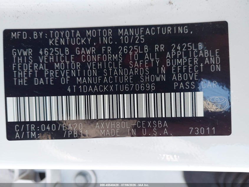 2026 Toyota Camry VIN 4T1DAACKXTU670696 IAAI salvage auction — FRONT END, Salvage (Nebraska), sold $14,700 on 2026-08-01 (photo 9)