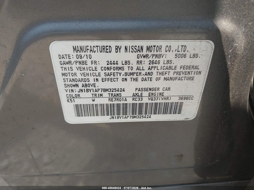 2011 Infiniti M37 VIN JN1BY1AP7BM325424 IAAI salvage auction — NORMAL WEAR, Clear (Georgia), sold $400 on 2026-07-28 (photo 9)