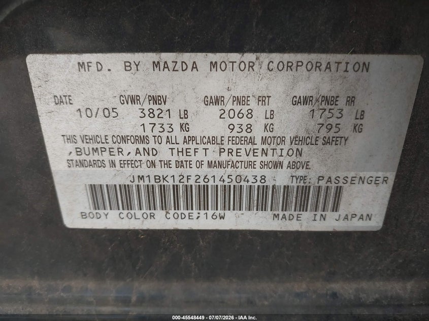 2006 Mazda 3 VIN JM1BK12F261450438 IAAI salvage auction — SIDE, Salvage (Alabama), sold $150 on 2026-07-29 (photo 9)