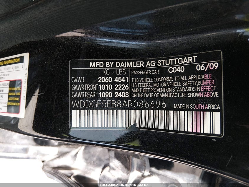 2010 Mercedes-benz C class VIN WDDGF5EB8AR086696 IAAI salvage auction — FRONT END, Original (Texas), sold $550 on 2026-08-12 (photo 9)