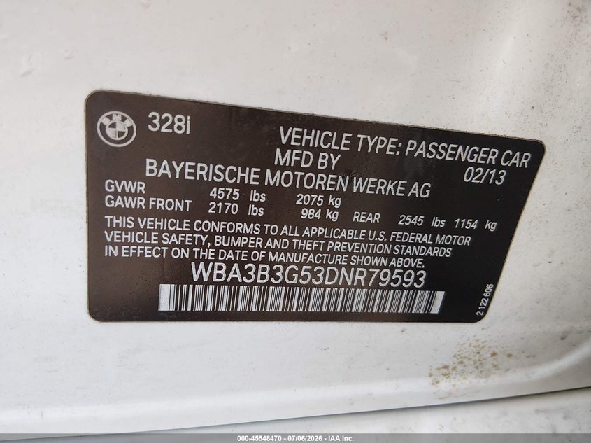 2013 BMW 3er VIN WBA3B3G53DNR79593 IAAI salvage auction — FRONT END, Salvage Title, sold $1,075 on 2026-08-20 (photo 9)