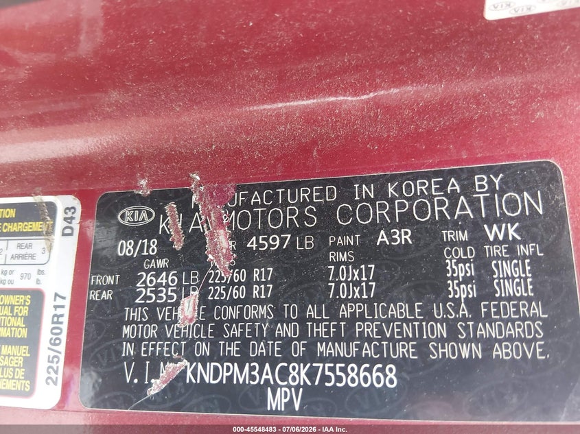 2019 Kia Sportage VIN KNDPM3AC8K7558668 IAAI salvage auction — THEFT, Salvage (Ohio), sold $1,750 on 2026-07-28 (photo 9)