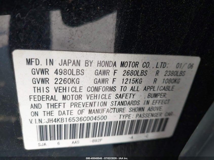 2006 Acura Rl VIN JH4KB16536C004500 IAAI salvage auction — NORMAL WEAR, Clear (Georgia), sold $325 on 2026-07-16 (photo 9)