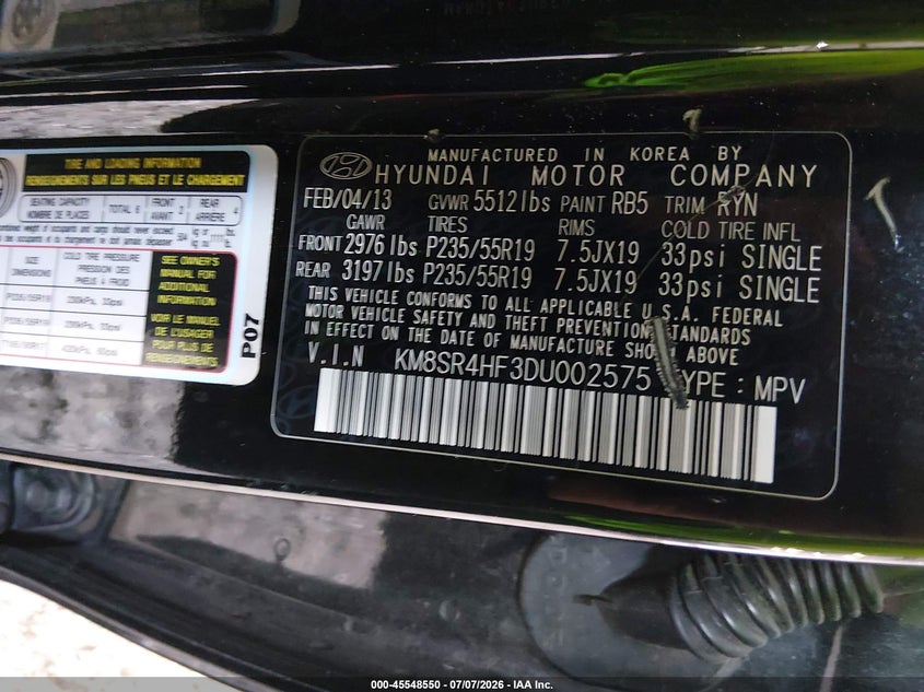 2013 Hyundai Santa fe VIN KM8SR4HF3DU002575 IAAI salvage auction — NORMAL WEAR, Clear (Georgia), sold $1,000 on 2026-07-17 (photo 9)
