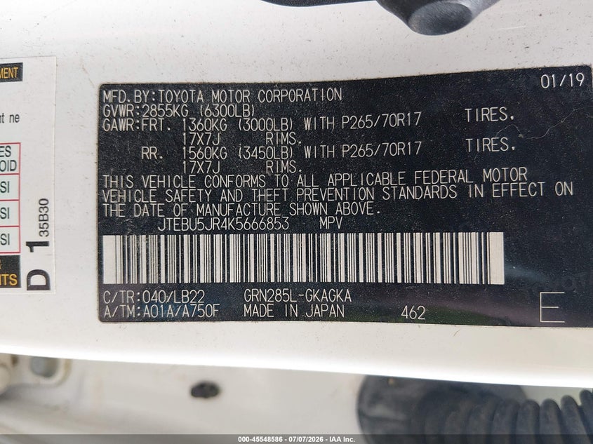2019 Toyota 4runner VIN JTEBU5JR4K5666853 IAAI salvage auction — SIDE, Salvage (Kentucky), sold $10,300 on 2026-07-31 (photo 9)