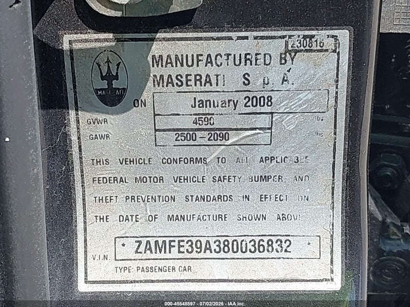 2008 Maserati Quattroporte VIN ZAMFE39A380036832 IAAI salvage auction — REPOSSESSION, Repossession Paperwork (North Carolina), sold $2,700 on 2026-07-21 (photo 9)