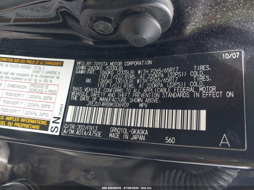 2008 Toyota 4runner VIN JTEZU14R88K006909 IAAI salvage auction — REAR END, Clear (South Carolina), sold $2,800 on 2026-07-28 (photo 9)