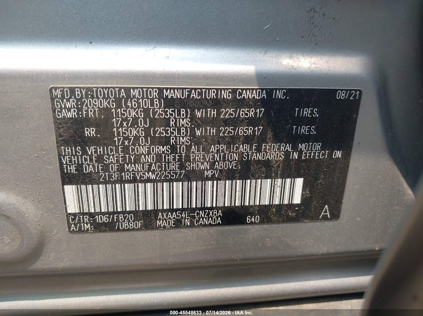 2021 Toyota Rav 4 VIN 2T3F1RFV5MW225577 IAAI salvage auction — SIDE, Salvage Title, sold $7,200 on 2026-07-31 (photo 9)