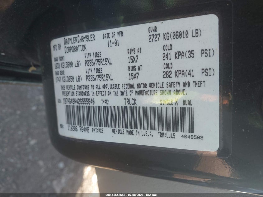 2002 Dodge Dakota VIN 1B7HG48N42S555840 IAAI salvage auction — SIDE, Salvage (Alabama), sold $750 on 2026-07-26 (photo 9)