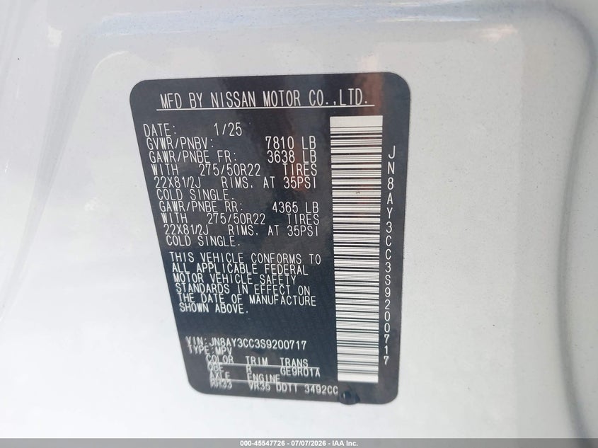 2025 Nissan Armada VIN JN8AY3CC3S9200717 IAAI salvage auction — REAR END, Wait Title, sold $51,250 on 2026-08-31 (photo 9)