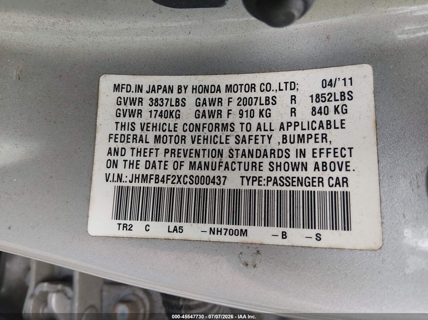 2012 Honda Civic hybrid VIN JHMFB4F2XCS000437 IAAI salvage auction — NORMAL WEAR, Clear (Virginia), sold $1,000 on 2026-07-14 (photo 9)
