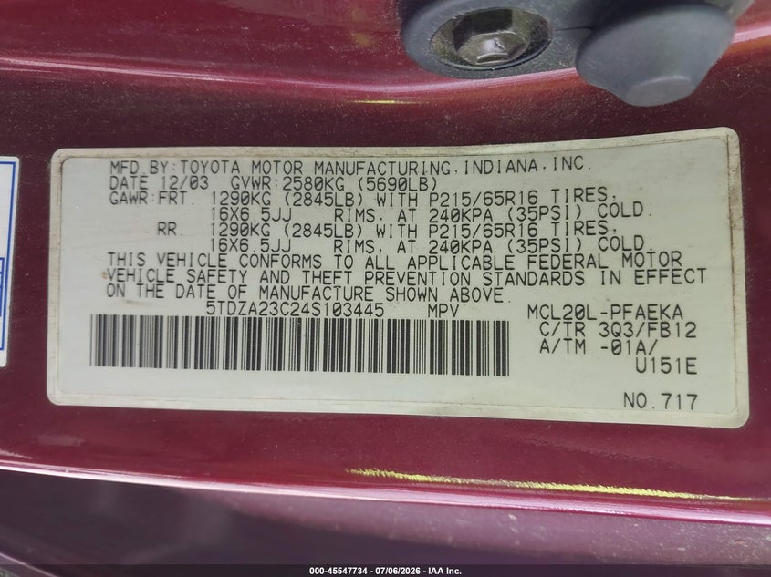 2004 Toyota Sienna VIN 5TDZA23C24S103445 IAAI salvage auction — NORMAL WEAR, Clear-Dealer Only (North Carolina), sold $875 on 2026-07-20 (photo 9)