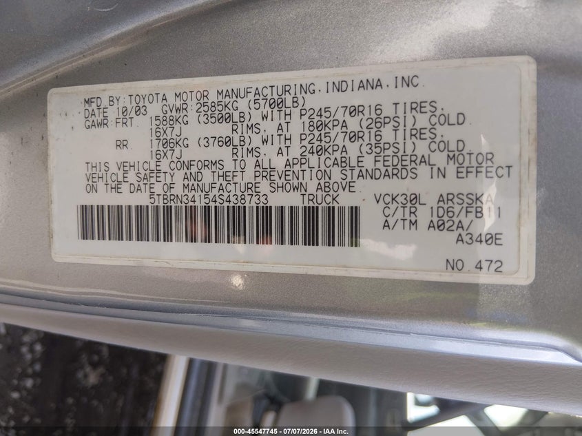 2004 Toyota Tundra VIN 5TBRN34154S438733 IAAI salvage auction — FRONT END, Clear (South Carolina), sold $4,350 on 2026-07-28 (photo 9)