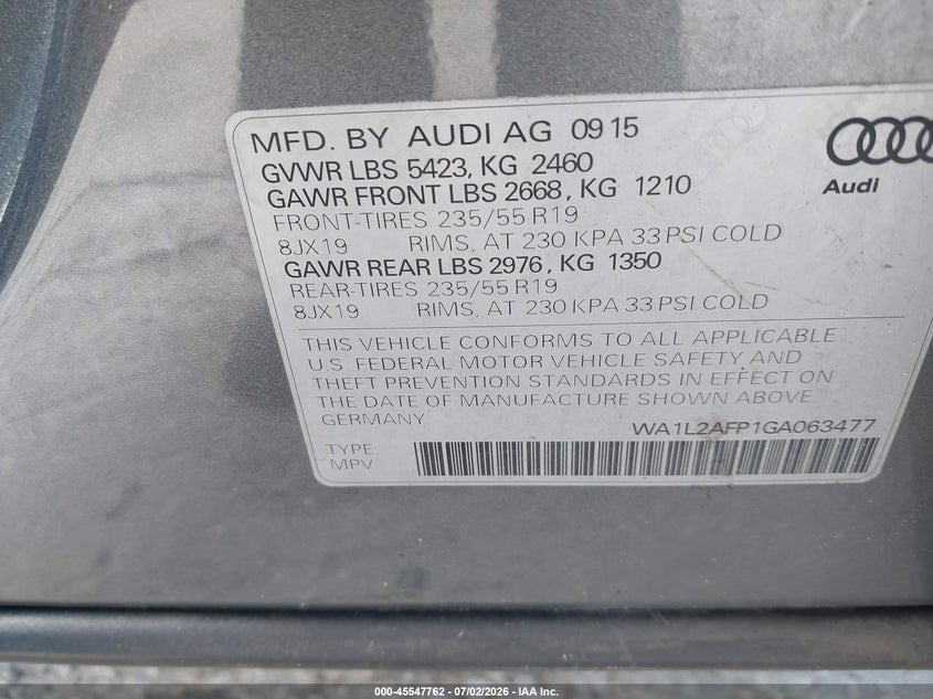 2016 Audi Q5 VIN WA1L2AFP1GA063477 IAAI salvage auction — ENGINE DAMAGE, Clear (Indiana), sold $1,850 on 2026-07-08 (photo 9)
