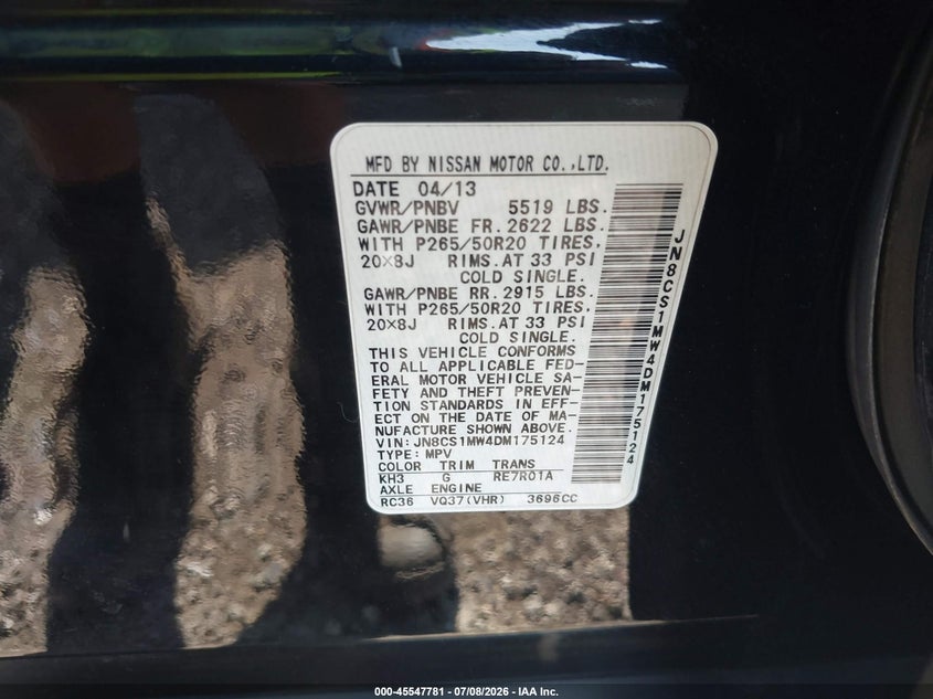 2013 Infiniti Fx VIN JN8CS1MW4DM175124 IAAI salvage auction — LEFT FRONT, Clear (Oklahoma), sold $1,550 on 2026-08-29 (photo 9)