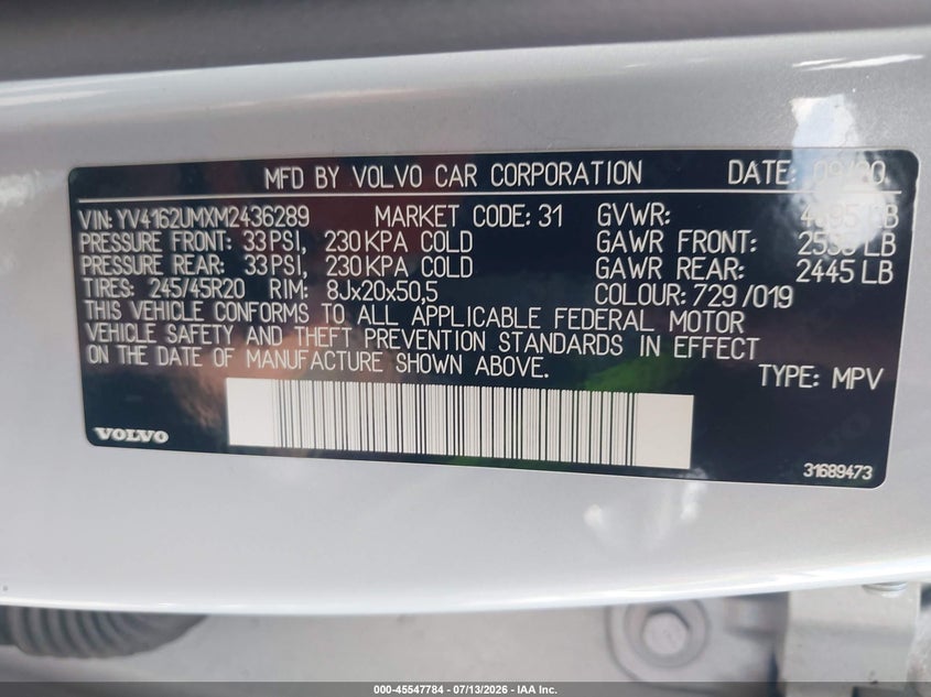 2021 Volvo Xc40 VIN YV4162UMXM2436289 IAAI salvage auction — FRONT END, Mv-907A (New York), sold $2,850 on 2026-07-28 (photo 9)