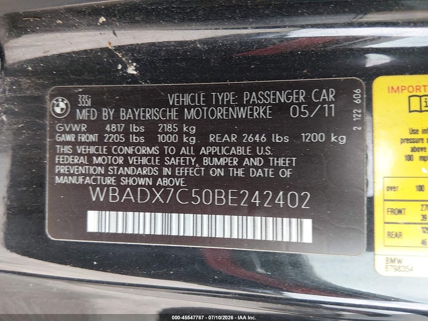 2011 BMW 3 series VIN WBADX7C50BE242402 IAAI salvage auction — FRONT END, Clear (Florida), sold $25 on 2026-07-12 (photo 9)